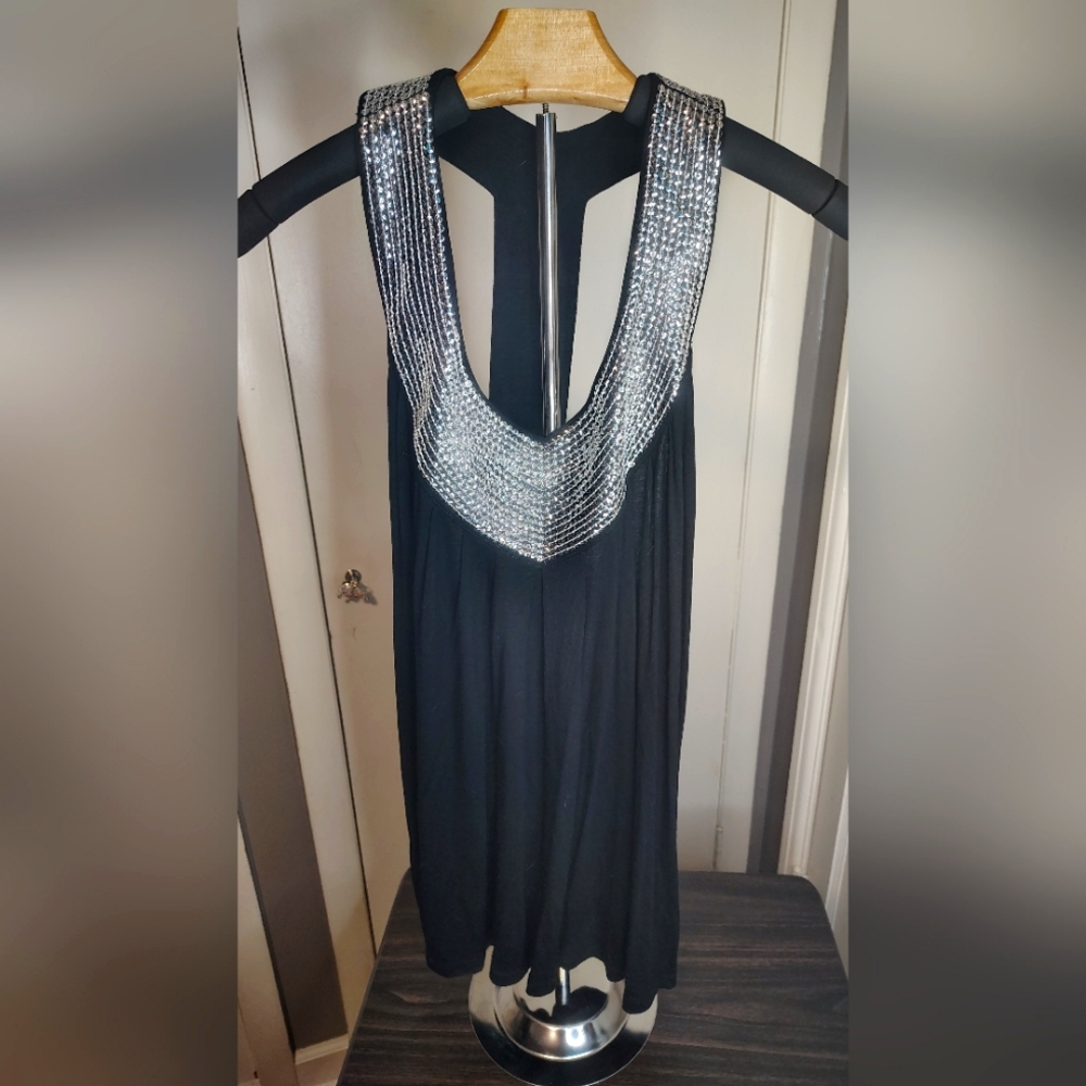 RAIN XL Black Draped Back Tank Top with Sequin Collar Detail